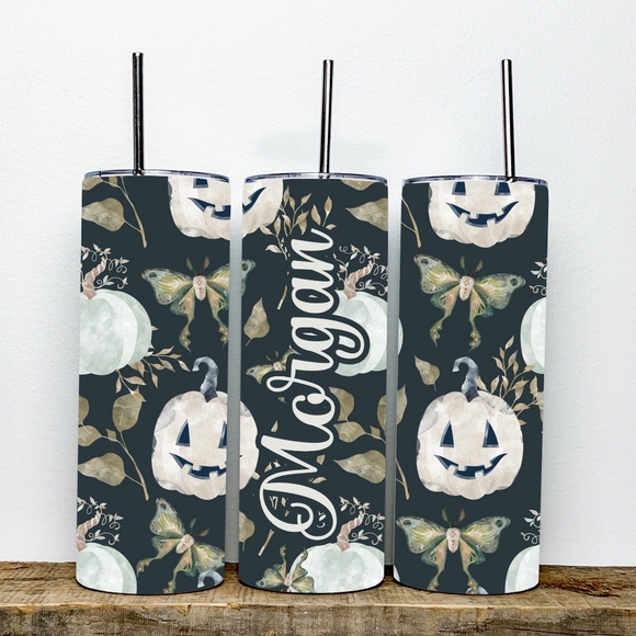 Personalized Name Enchanted Fall Pumpkin Moth Halloween 20oz Skinny Tumbler - Picture 1 of 2